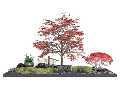 Charming Garden Ornament with Red Leaved Trees Stones Grass and Purple Flowers in Black Pot 3d model