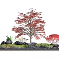 Charming Garden Ornament with Red Leaved Trees Stones Grass and Purple Flowers in Black Pot