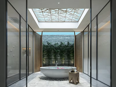 Hotel Bathroom With Glass Doors Decorative Skylight Bathtub Green Plant Wall And Stone Floor 3d model