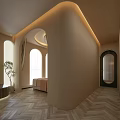 Modern SPA Sauna Room With Arched Windows Wooden Cabinets Beds And Circular Ceiling Light Strips