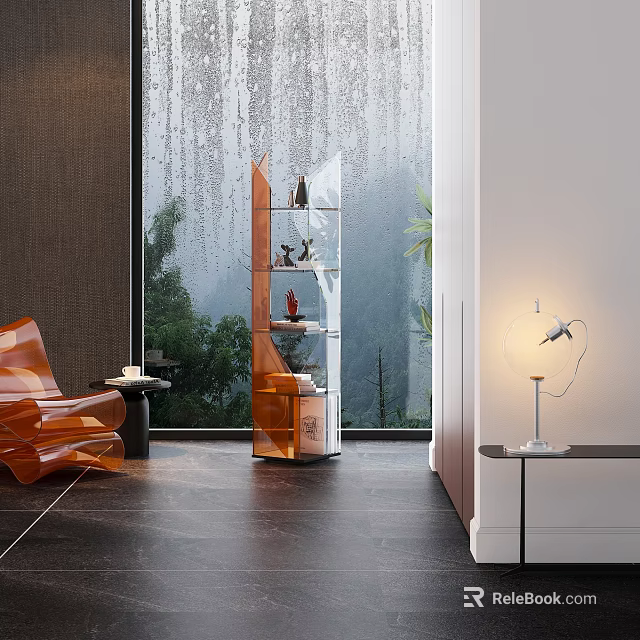 Modern Living Room Bookshelf With Orange Frame Glass Shelves And Green View Through Large Window 3d model 