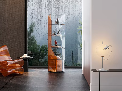 Modern Living Room Bookshelf With Orange Frame Glass Shelves And Green View Through Large Window 3d model