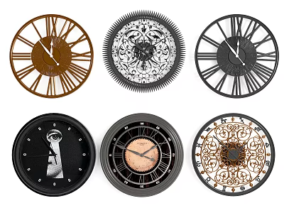 Stylish Wall Clocks With Various Decorative Patterns And Roman Numerals Design 3d model