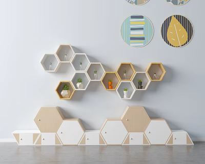 Modern Wall Cabinets Hexagonal Design On White Wall With Decorative Plants 3d model