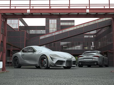Two Silver Sports Cars Parked Under Red Metal Structure In Modern Industrial Area 3d model