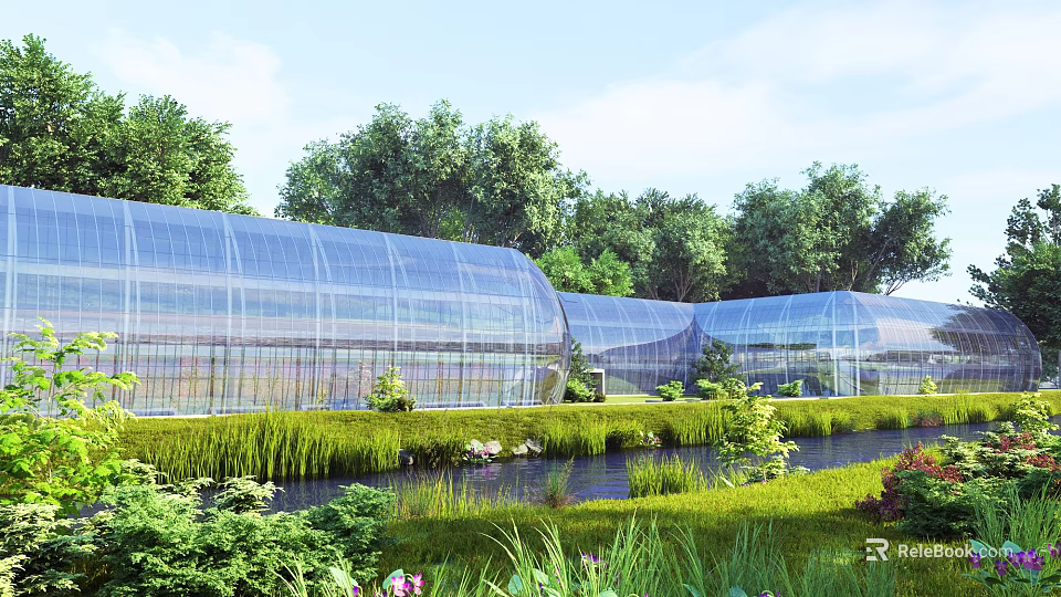 Modern Industrial Factory Building With Glass Arched Structure And Surrounding Greenery Trees Water Pond 3d model 