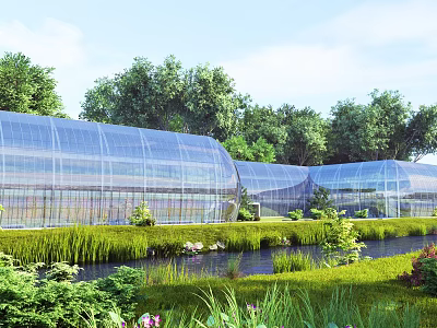 Modern Industrial Factory Building With Glass Arched Structure And Surrounding Greenery Trees Water Pond 3d model