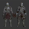 Two Medieval Armor Clad Figures With Rusted Metallic Plates Red Cape And Worn Details