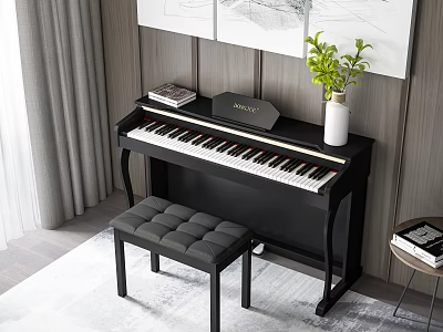 Black Piano With Bench Books And Green Plant Vase On Wooden Wall Indoor Scene 3d model