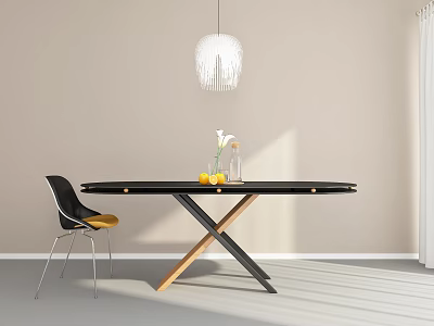 Modern Dining Table Set Black Tabletop Cross Wooden Legs Yellow Cushion Chair White Pendant Light 3d model