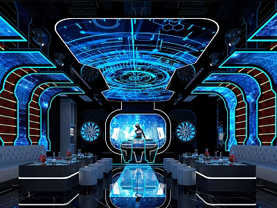 Futuristic KTV Interior Design With Blue Lighting Red Accents And Ceiling Patterns 3d model