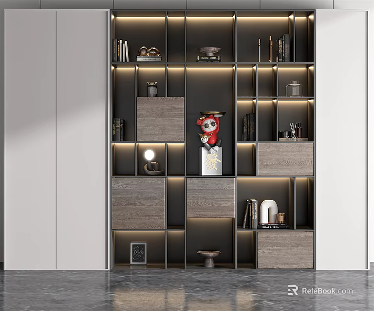 Modern Bookcase With Layered Shelves Built in Lighting Wooden Accents And Decorative Ornaments 3d model 