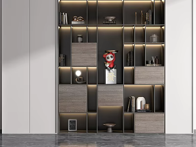 Modern Bookcase With Layered Shelves Built in Lighting Wooden Accents And Decorative Ornaments 3d model