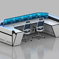 Modern Control Room Console With Blue Chairs And Illuminated Monitoring Equipment