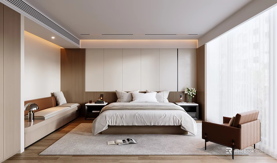 Modern Hotel Guest Room With King Bed Nightstands Bench Armchair Rug Lighting And Window 3d model 