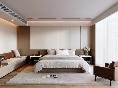 Modern Hotel Guest Room With King Bed Nightstands Bench Armchair Rug Lighting And Window 3d model