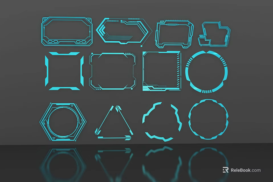 Blue Lines Forming Various Geometric Frames With Reflections On Dark Background 3d model 
