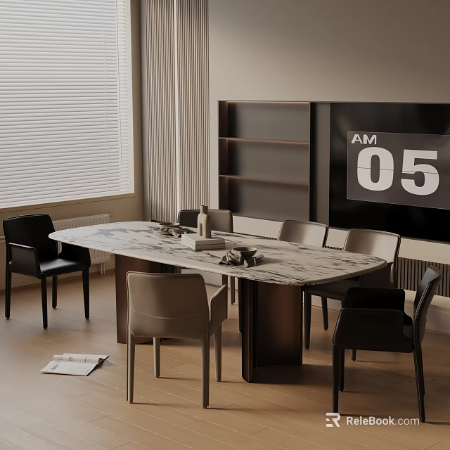 Modern Marble Top Dining Table Set with Six Chairs and Window Blinds Near TV Wall 3d model 