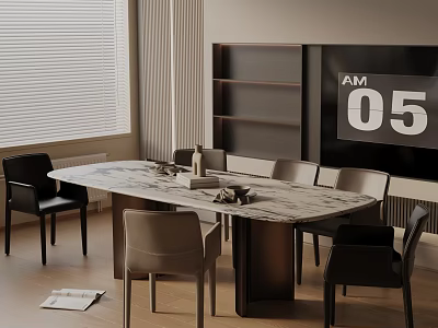 Modern Marble Top Dining Table Set with Six Chairs and Window Blinds Near TV Wall 3d model