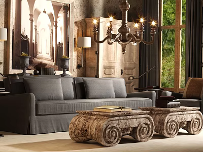 Elegant Gray Sofa And Carved Wooden Coffee Table Set With Chandelier And Window View 3d model