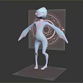 Blue Glowing Humanoid Game and Movie Character with Extended Arms Circular Symbols on Grid Platform