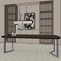 Modern Dining Table Set With Metal Frame Hanging Light And Decorative Vases