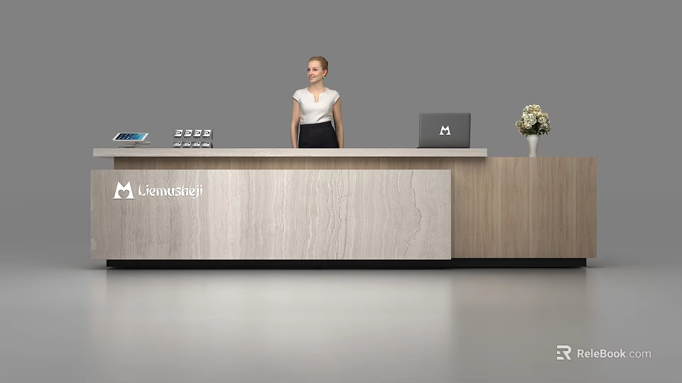 Modern Wooden Reception Desk with Tablet Electronic Devices and Flower Vase and Receptionist Standing Behind 3d model 