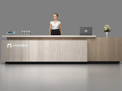 Modern Wooden Reception Desk with Tablet Electronic Devices and Flower Vase and Receptionist Standing Behind 3d model