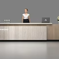 Modern Wooden Reception Desk with Tablet Electronic Devices and Flower Vase and Receptionist Standing Behind