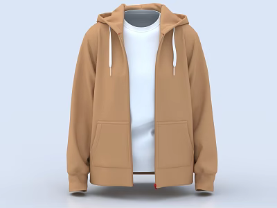 Brown Hooded Zip Jacket with White T-shirt Inside Front Pockets and White Drawstrings 3d model