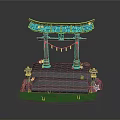 Japanese Torii Gate Structure With Stone Steps Green Grass Purple Flowers And Banners