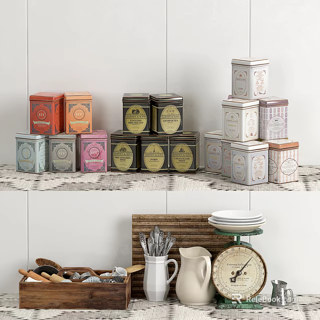 Colorful Kitchenware Canisters In Various Colors And Cooking Tools On Shelf 3d model 