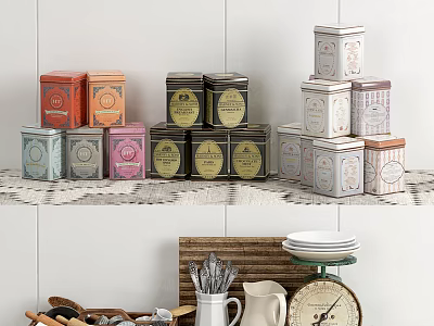 Colorful Kitchenware Canisters In Various Colors And Cooking Tools On Shelf 3d model