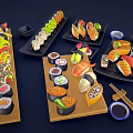 Assorted Japanese Sushi Platter with Maki Rolls Sashimi Chopsticks Soy Sauce and Wasabi