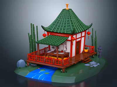 Cartoon Chinese Pavilion Scene With Green Roof Red Railings Bamboo Lanterns And Stream Stones 3d model
