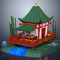 Cartoon Chinese Pavilion Scene With Green Roof Red Railings Bamboo Lanterns And Stream Stones
