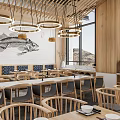Wooden Restaurant Interior With Hanging Lights Fish Pattern Wall Tables Chairs And Mountain View