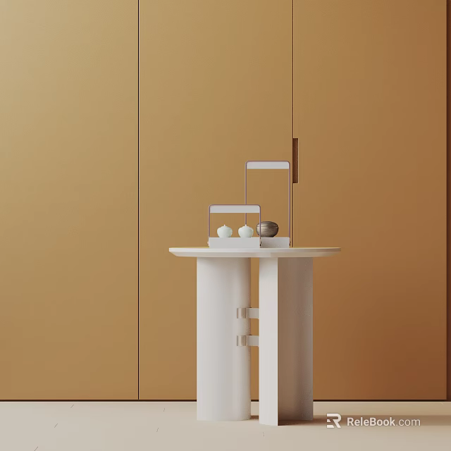 White Modern Side Table with Decorative Spheres and Geometric Ornament Against Brown Wall 3d model 