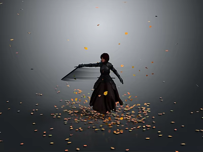 Woman In Black Outfit Holding Black Shield With Falling Yellow Orange Leaves On Gray Background 3d model