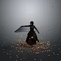 Woman In Black Outfit Holding Black Shield With Falling Yellow Orange Leaves On Gray Background