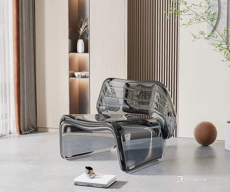 Transparent Modern Acrylic Lounge Chair With Wooden Slat Wall And Green Plant Decor 3d model 