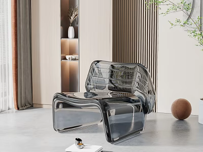 Transparent Modern Acrylic Lounge Chair With Wooden Slat Wall And Green Plant Decor 3d model