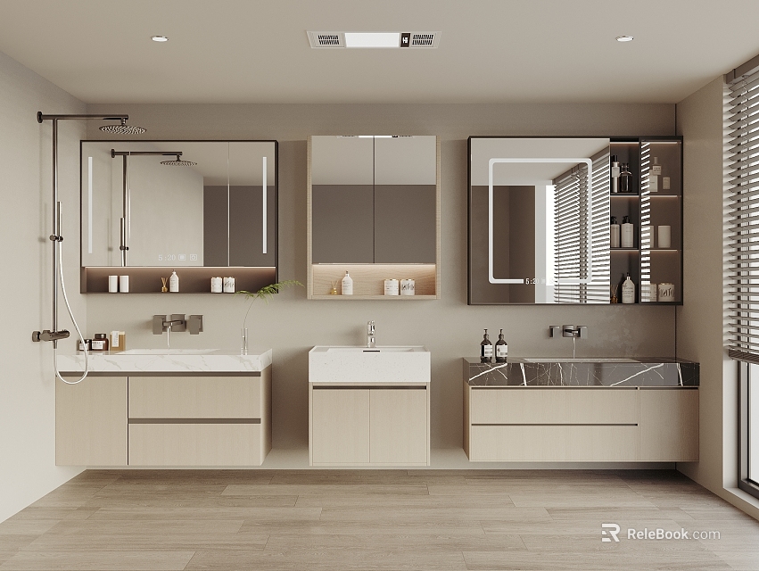 Modern Bathroom Vanity Design With Double Sinks Mirrors Cabinets And Bathtub 3d model 