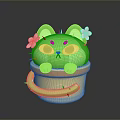 Game Movie Character Green Cactus Cat With Pink Ear Flowers In Yellow Pot Long Tail