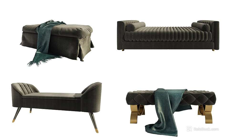 Modern Velvet Ottoman Designs with Green Blanket Metal Legs and Tufted Details in Various Styles 3d model 