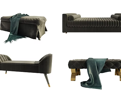 Modern Velvet Ottoman Designs with Green Blanket Metal Legs and Tufted Details in Various Styles 3d model