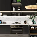 Modern Kitchen Interior With Black Cabinets Gold Accents Marble Countertop And Hanging Chandelier
