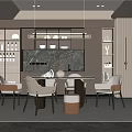 Elegant Modern Restaurant Interior With Dining Table Chairs Pendant Lights Wine Racks And Marble Backsplash
