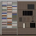 Colorful Fabric Samples In Drawer Cabinet With Shelving Unit Black Folders Wooden Panels Decorative Object