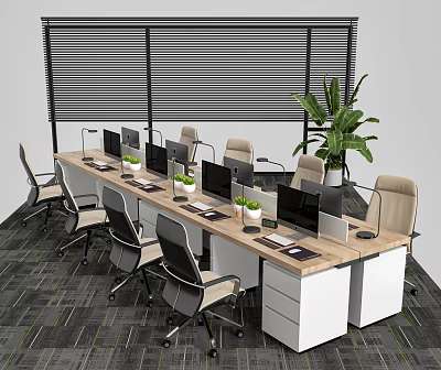 Modern Office Desk Setup In Contemporary Workspace With Computer Monitors Green Plants And Office Chairs 3d model